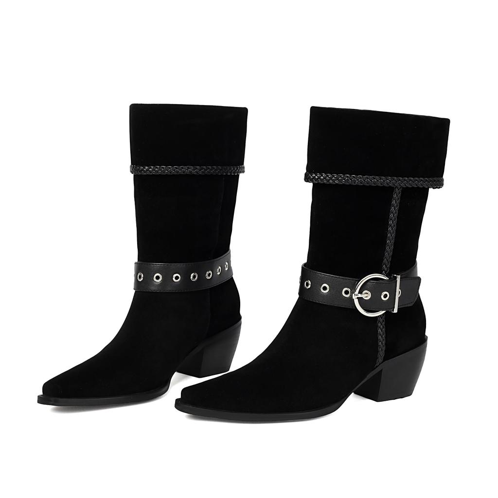 Krazing Po Flock Winter Pointed Toe Size 33 Western Boots Size 43 Metal Buckle Thick Heels Mid-calf Boots