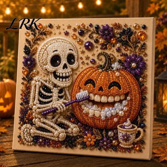 Handmade Autumn Wall Decor Halloween Faux Pearl Art Kit, Cute Ghost Skeleton Painting Room DIY 3D Craft Kit for Adults, Fall Home Diy