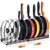 Toplife Telescoping Frying Pan Rack Kitchen Storage Rack with 10 Pot Frying Lid Holder Dividers, Stand, Pan, Pot, (Brown)