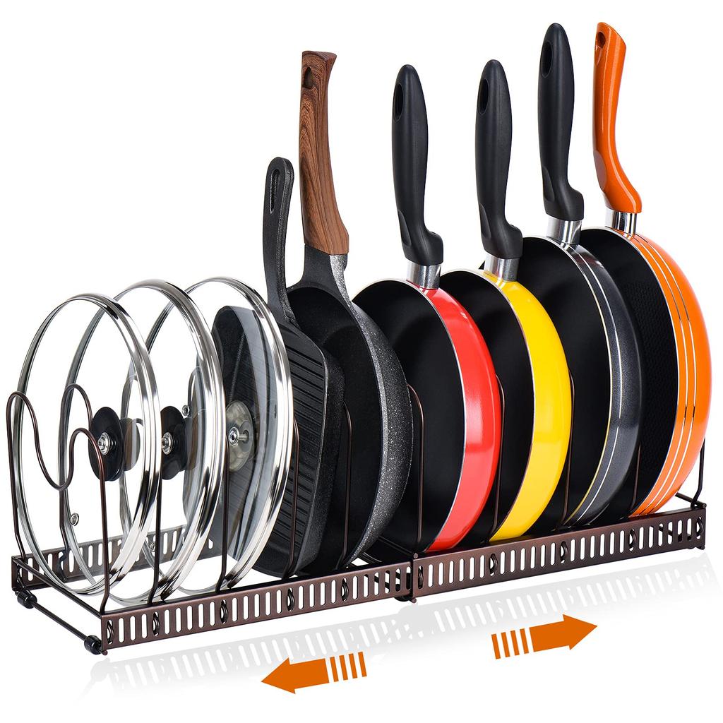 Toplife Telescoping Frying Pan Rack Kitchen Storage Rack with 10 Pot Frying Lid Holder Dividers, Stand, Pan, Pot, (Brown)
