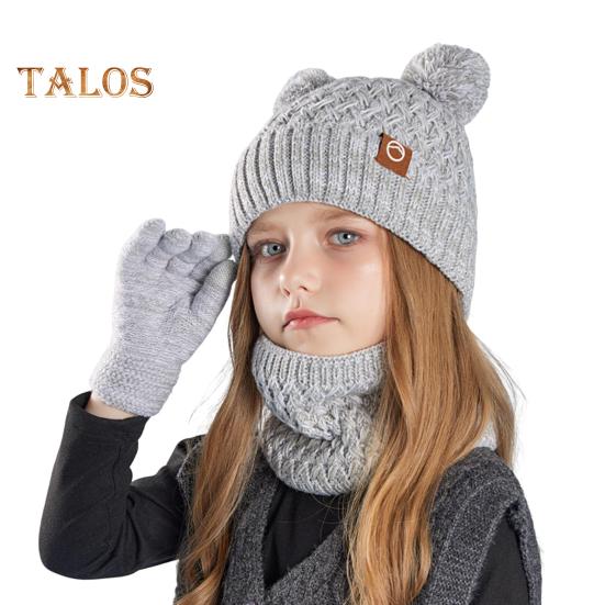 Kids Winter Hat Gloves Scarf Set Cold Weather Knitted Bear Hat with Pom Fleece Lined Neck Warmer Mitten Set for Girls Boys Ages 4-10 Outdoor