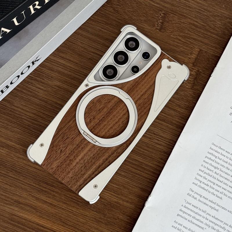 Walnut Wood Metal Frameless Magnetic Stand Case S26 Ultra S25 S24 S23