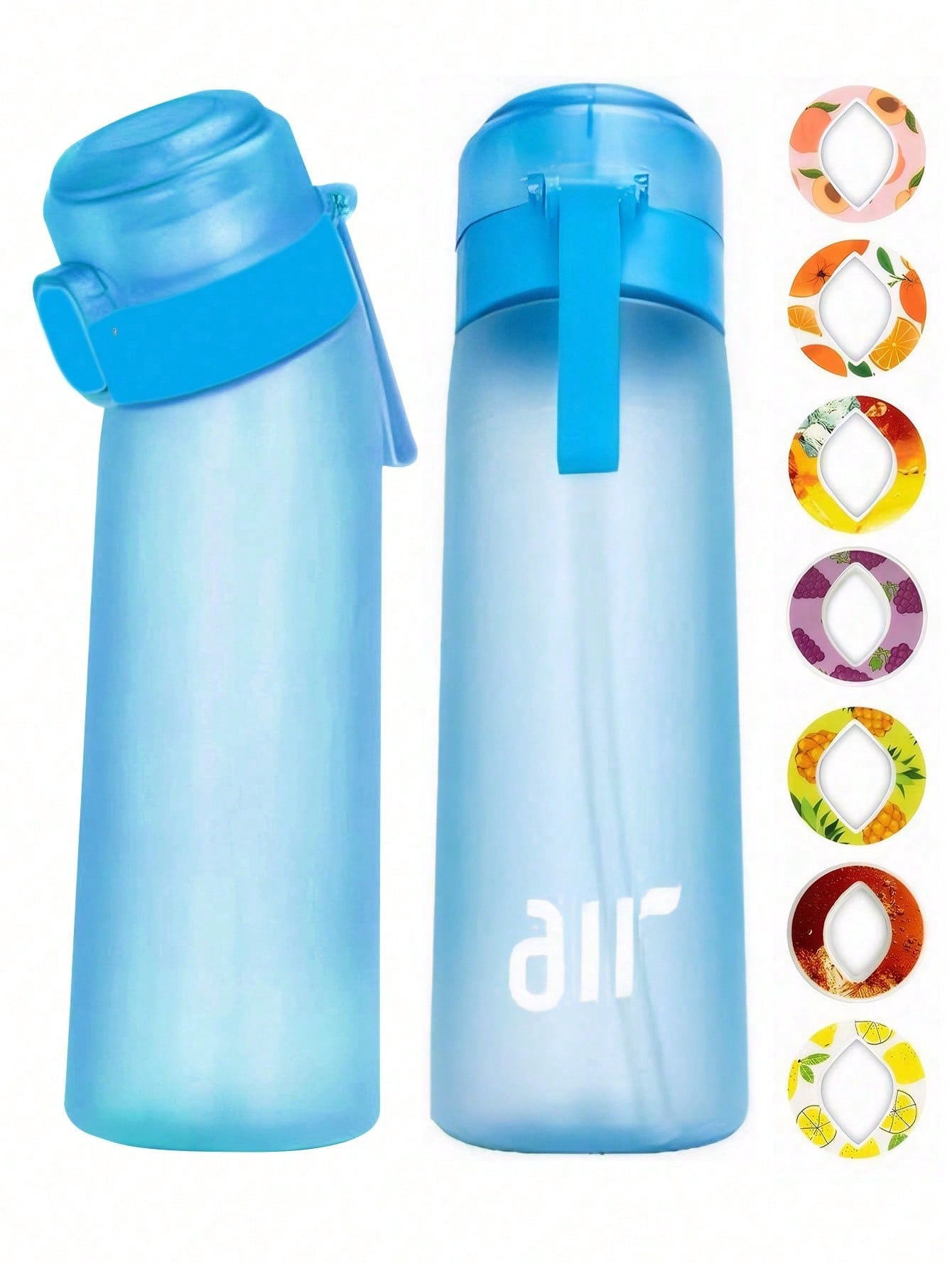 1 stuks nieuwe 800 ml/27 oz draagbare sport-traw waterfles, uitgerust met 1 stuks willekeurige fruitdrank smaakcapsules zonder suiker en zonder calorieën 0.8L middenblauwe kleur