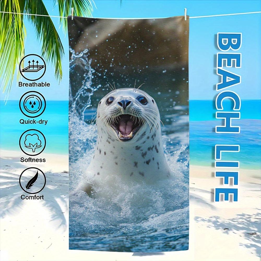 Asciugamano da Spiaggia Piatto 2D 1 Pezzo Foca Felice Stampa Animale Carina Design Scena Oceanica Asciugatura Rapida Morbida Microfibra Asciugamano da Bagno per Bambini Regalo