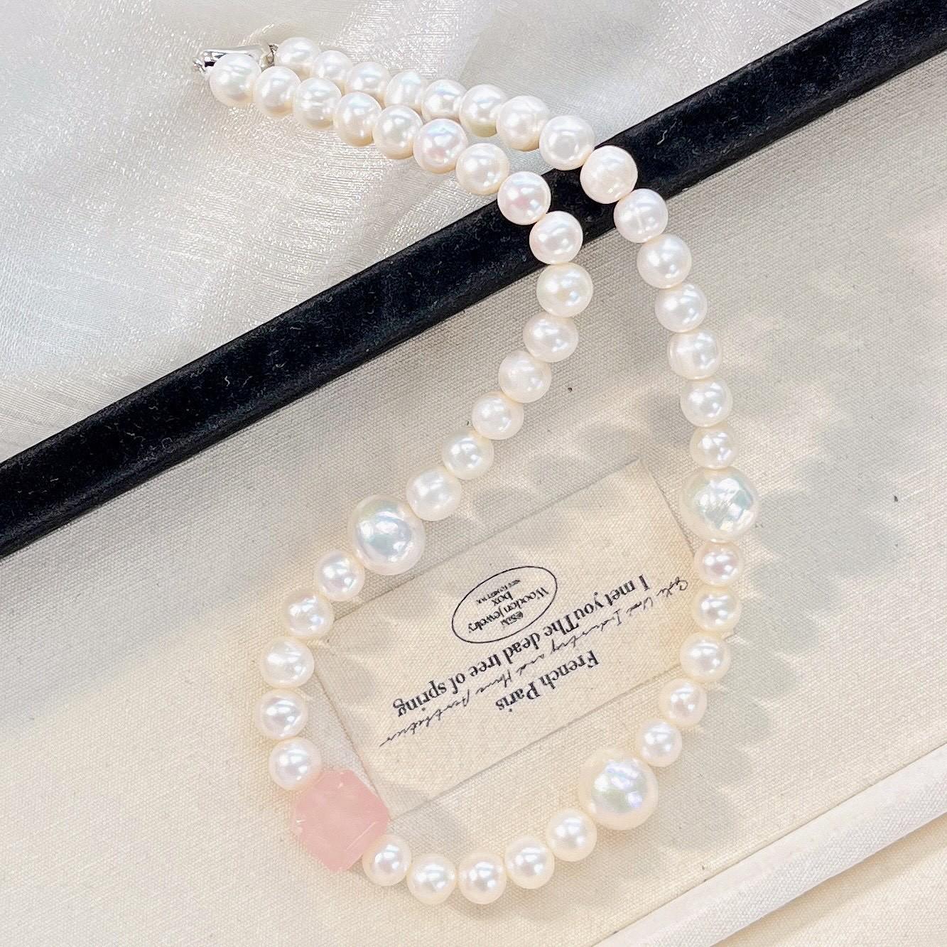

925 Silver Natural Freshwater Pearl Powder Crystal Design Necklace Clavicle Chain