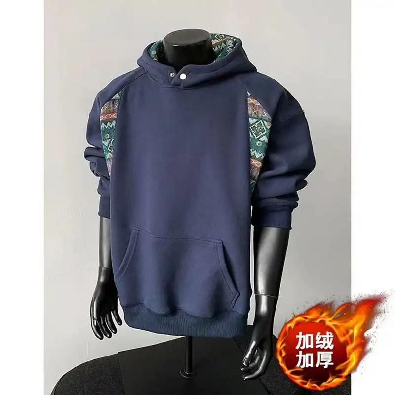 Men's Color Block Ethnic Style Fleece Lined Thickened Hoodie Autumn Winter New Style Designer Hoodie Stiff Inner Wear Jacket