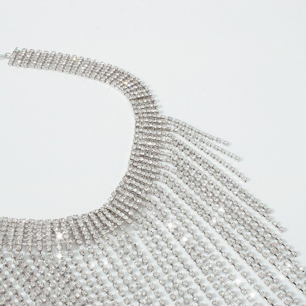 Korean Style Long Tassel Necklace Geometric Clavicle Chain Elegant Full Rhinestone Necklace Gift