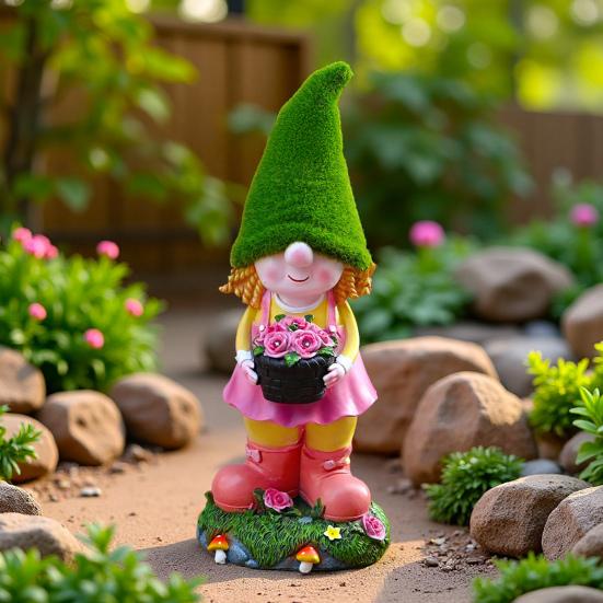 Solar Garden Gnome Statue with LED Light Holding Flower Basket Flocking Hat Dwarf Girl Figurine Sculpture Outdoor Decoration Ornament