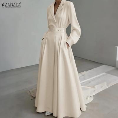 Women Turn Down Collar Long Sleeve Casual Spring Autumn Long Dress