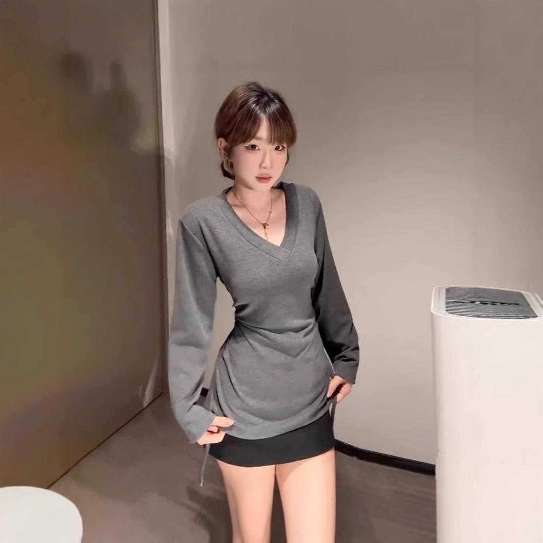 

2025 Early Spring Gray V-Neck Long Sleeve Slim Fit Women s T-Shirt L сірий колір