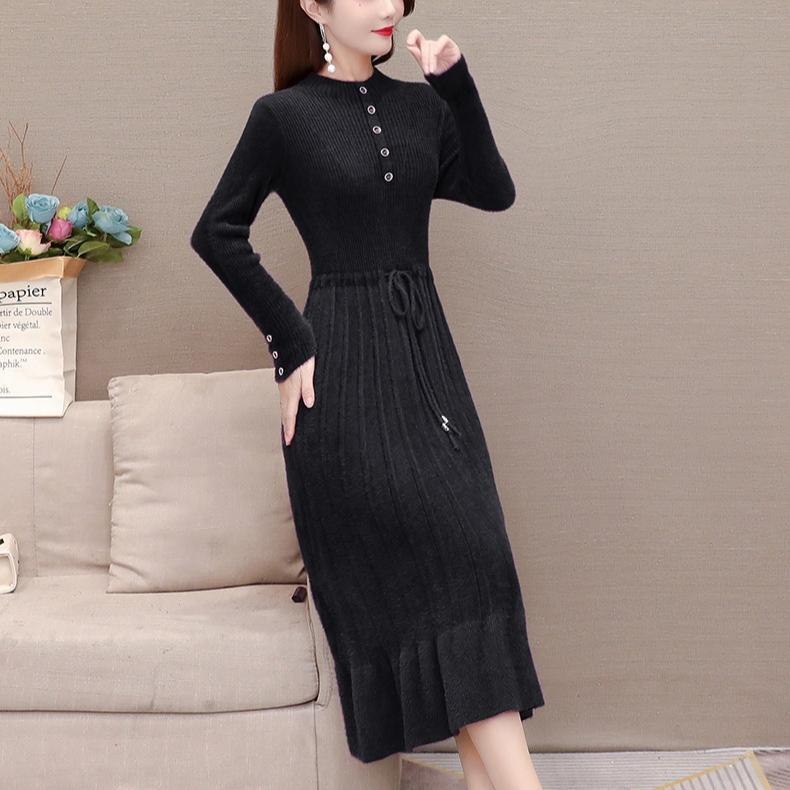 Women's Mink-proof Knitted Dress Loose Solid Color Mid-length Sweater Dress Knee-length Fishtail Dress for Autumn and Winter