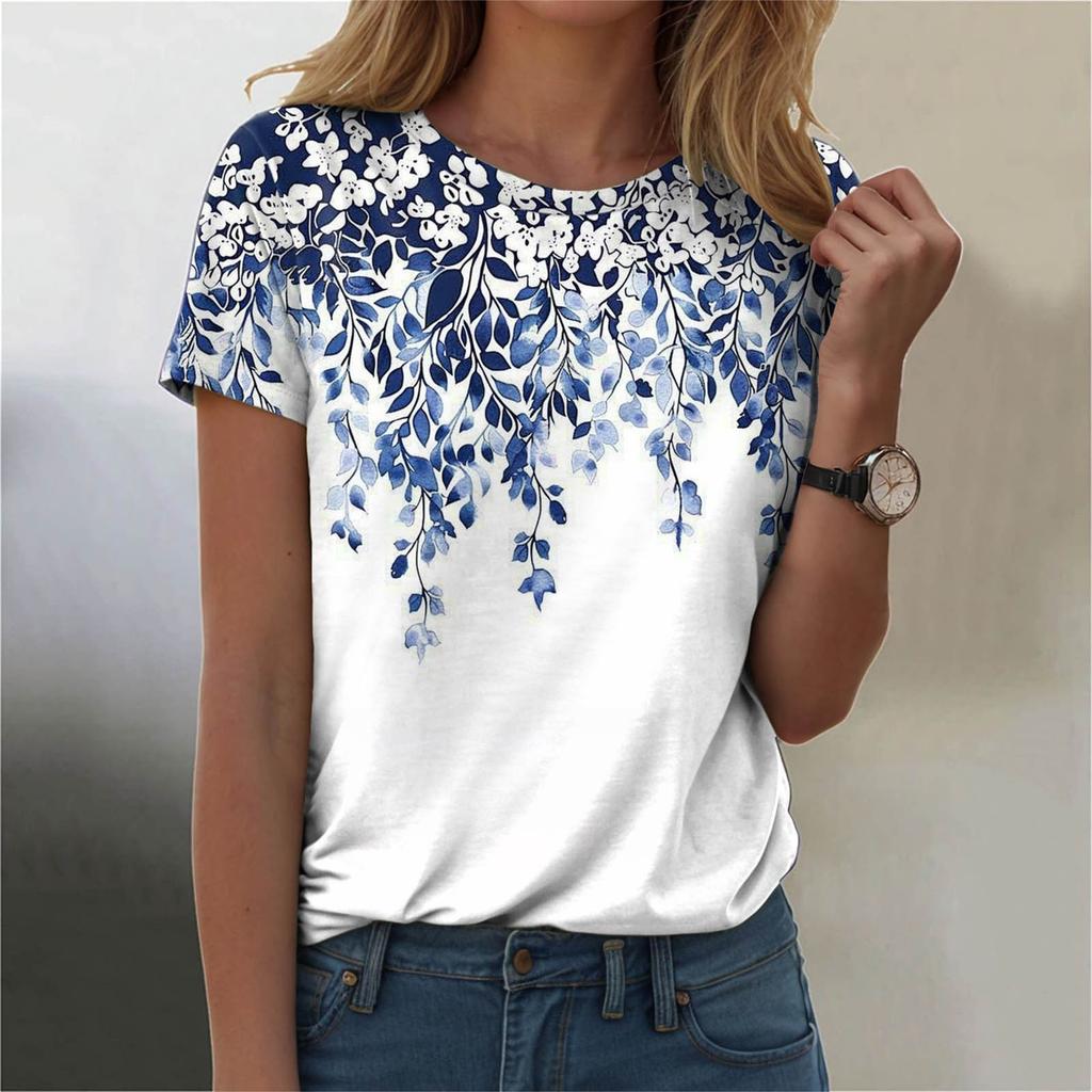Summer Round Neck Floral Pattern 3D Print Top Fashionable Casual Short Sleeved Women's T-shirts
