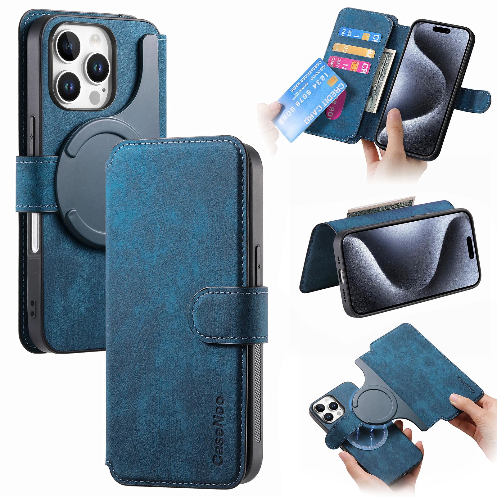 

For iPhone 16 Pro Max Magnetic Case CASENEO Detachable Leather Phone Wallet Cover Blue