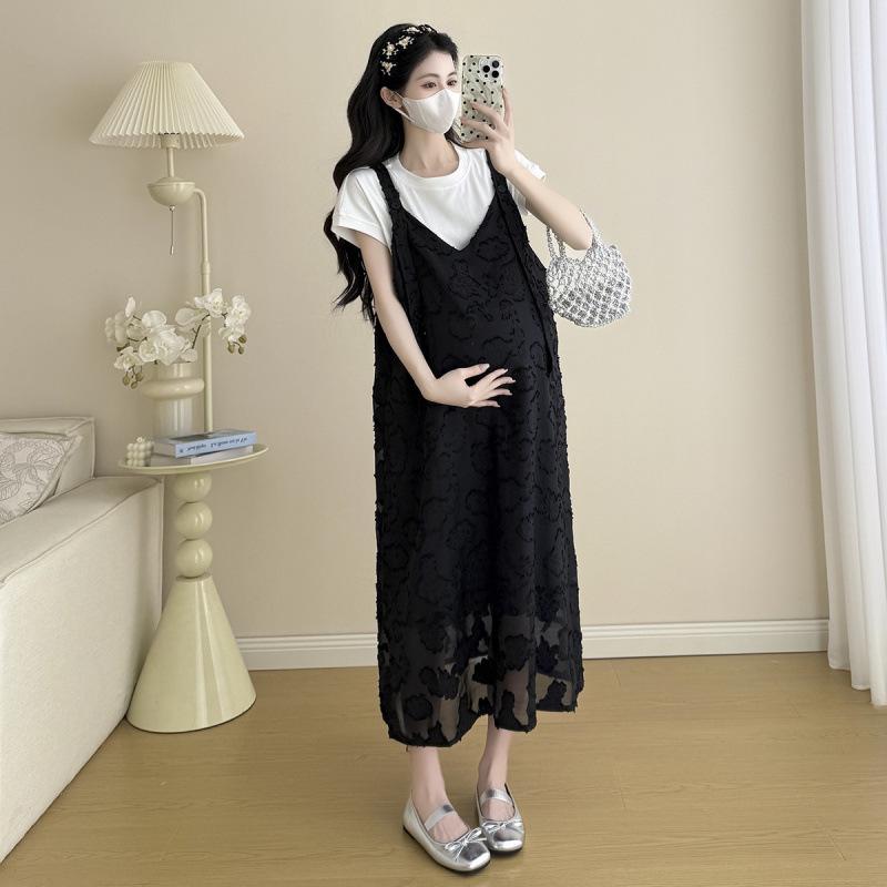 Summer Maternity Two-Piece Black Flocking Dress - Long, Loose & Slimming Style L