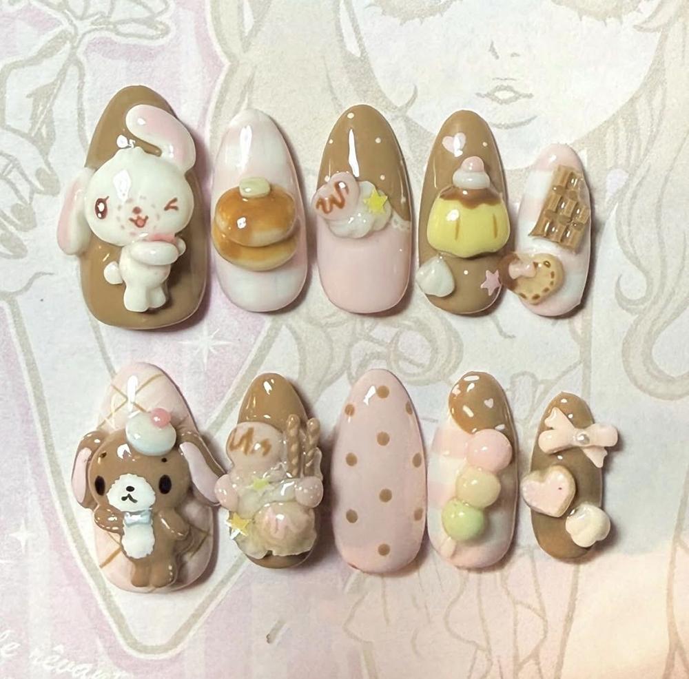 Handmade 3D Cute Rabbit Cat Pink Chocolate Dessert Cream Cartoon Almond Shaped Press On Nails Art Stickers