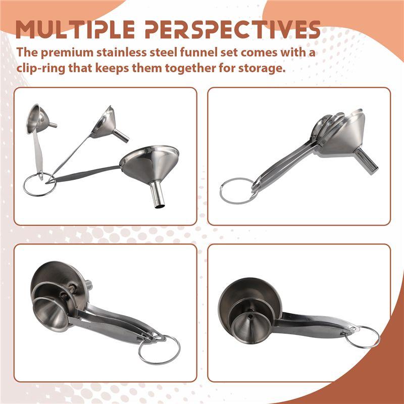 Good-3 In 1 Funnels For Filling Bottles Stainless Steel Small Kitchen Funnel Set For Transferring Essential Oils Liquid