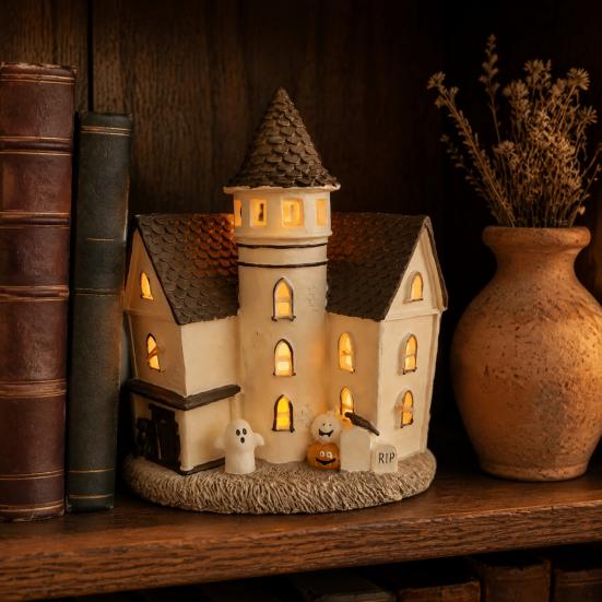 Small House Statue Vintage Light-Up Cottage Halloween Decoration, Gothic Ghost Pumpkin Village Figurine Figurine, LED Rustic Courtyard Resin