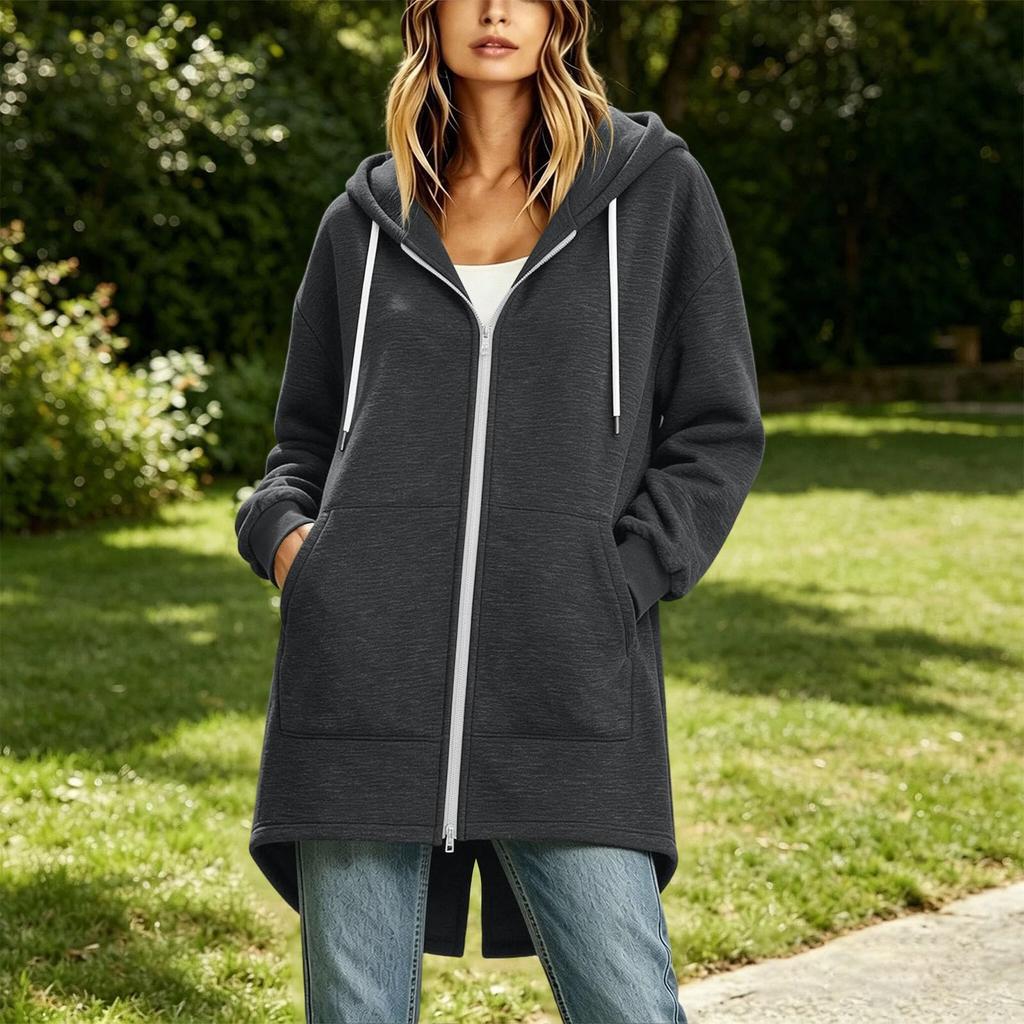 Women's Long Zip Up Hoodie Jacket Loose Fit Casual Outerwear with Pockets Lightweight Hooded Coat for Everyday Wear