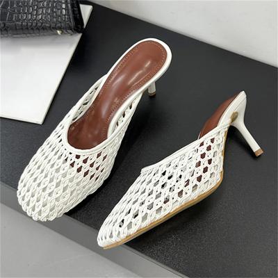 Eilyken Summer Hollow Out Breathable Mesh Weaving Women Slippers Thin Heels Party Dress Mule Shoes Big Size 43