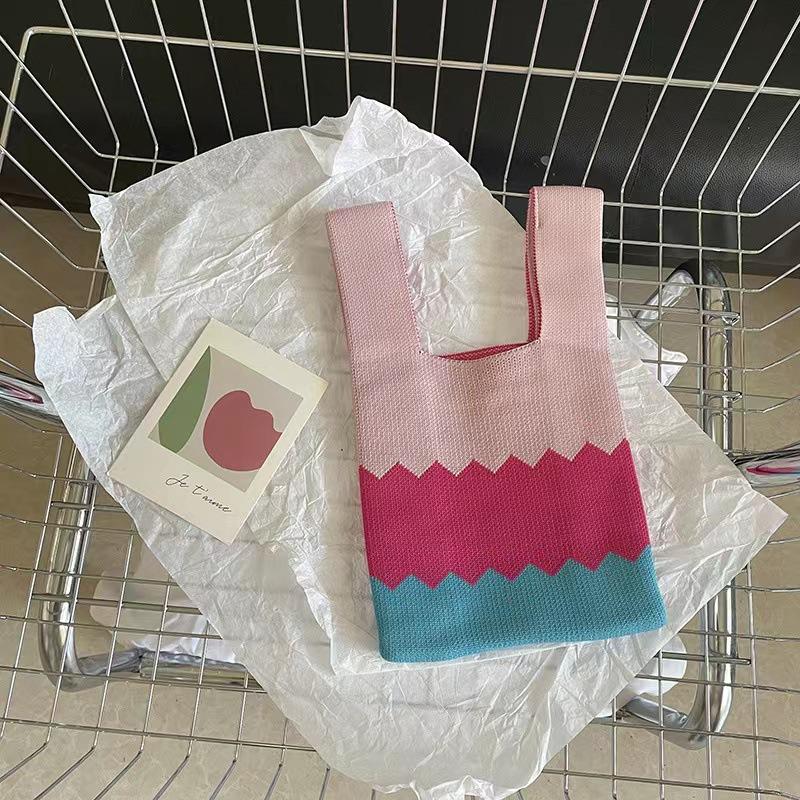 Women's Knot Wrist Bag Handmade Knitted Bag Portable Mini Striped Tote Bucket Phone Bags Large Capacity Autumn Winter Handbags