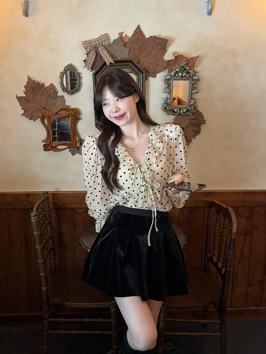 Plus Size Women s Polka Dot Puff Sleeve V-Neck Lace-Up Casual Shirt L