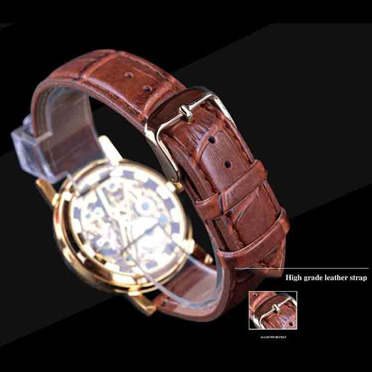 Winner Men's Double-Sided Skeleton Mechanical Watch, Gold Case with Brown/Red Strap.