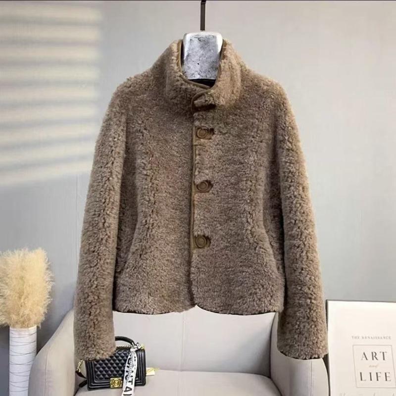 Maillard on both sides, loose stand-up collar, lamb wool coat, women's clothing, sheep shearing short coat, autumn and winter chic
