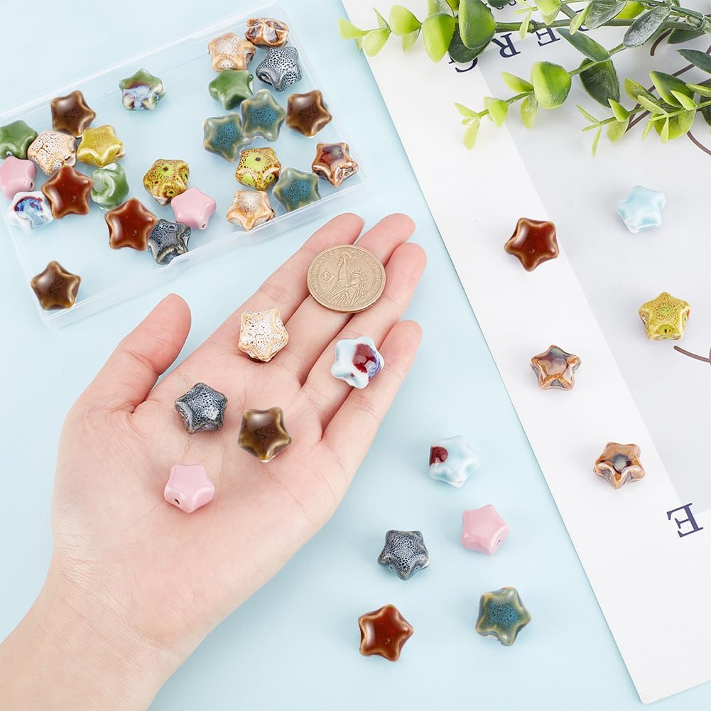 arricraft 40 Pcs Ceramic Handmade Beads, Fancy Antique Glazed Ceramic Star Spacer Beads Kit Pentagram Bead Charm Pendant for Necklace Bracelet