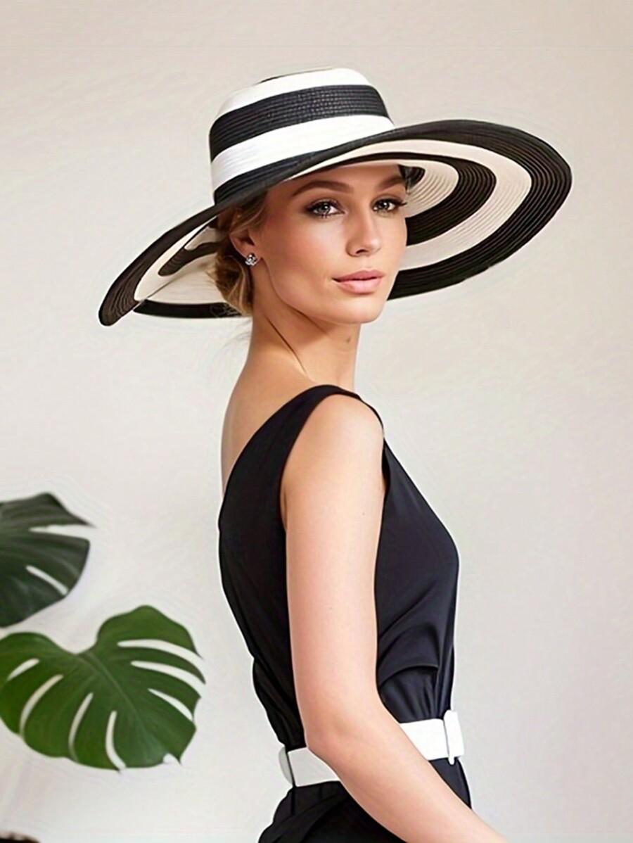 Zealous Sole Women's Black/White Summer Sun Hat With And Thick Stripes Wide Brim Straw Hat For Beach Outdoor Cm