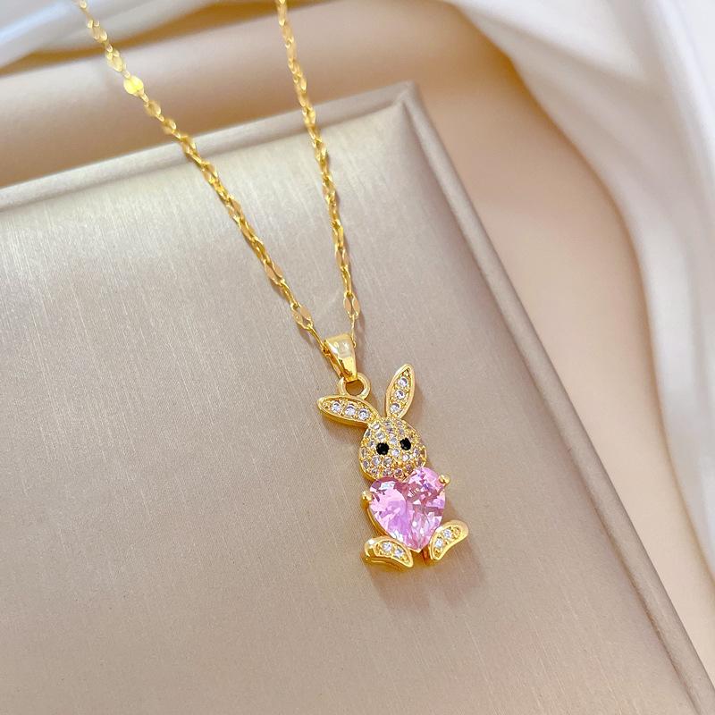 

Luxury Shiny Heart Zircon Rabbit Necklace Stud Earrings for Women Stainless Steel Chain Jewelry Set Accessories Gifts