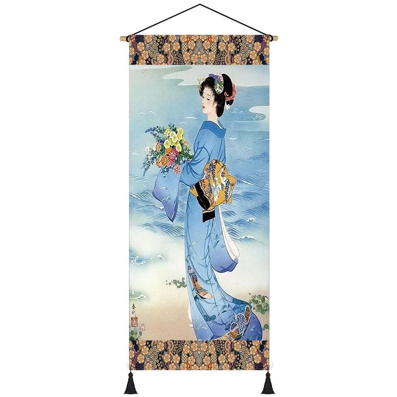 Toile murale rétro avec geisha japonaise vintage, kimono, femme ukiyo-e, affiche, restaurant, maison, salon, peinture à suspendre