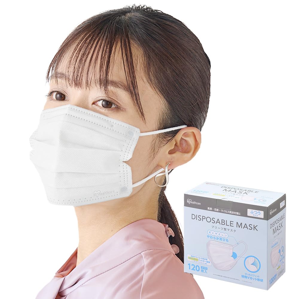 Iris Ohyama Disposable Nonwoven Pleated Regular 120 Count Masks, Size,