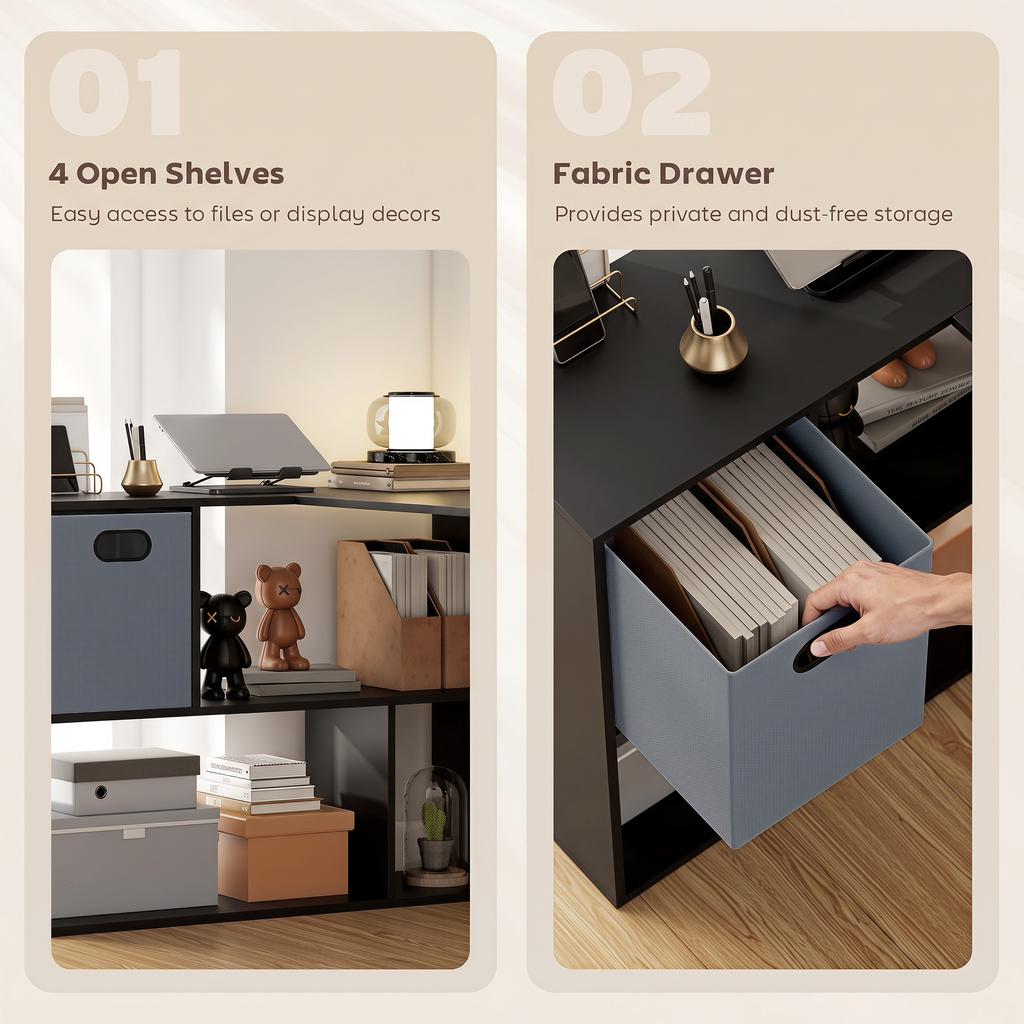 110 Cm L-Shaped Desk, Small Computer Desk with Fabric Drawer and Storage Shelves for Home Office, Study, Black