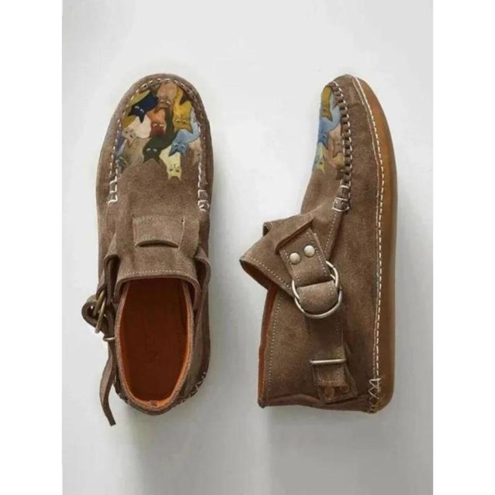 Boots Plover  Female Comfort Cartoon Cat Printed Leather Button Casual Flat Ankle - 6 Purple