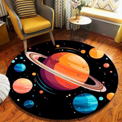 Cosmic Planet Round Rug Cartoon Space Astronaut Pattern Home Decor Carpet Soft Non-Slip Floor Mat for Kids Room Living Room