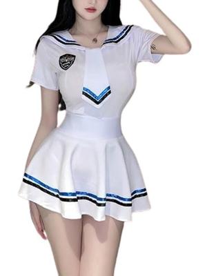 [toasoa] Sailor Uniform, Sailor Costume for Women, Halloween, Miniskirt, Cabaret Girl, Hostess, Nightclub, Sexy, Event, Photoshoot, Costume Set (White