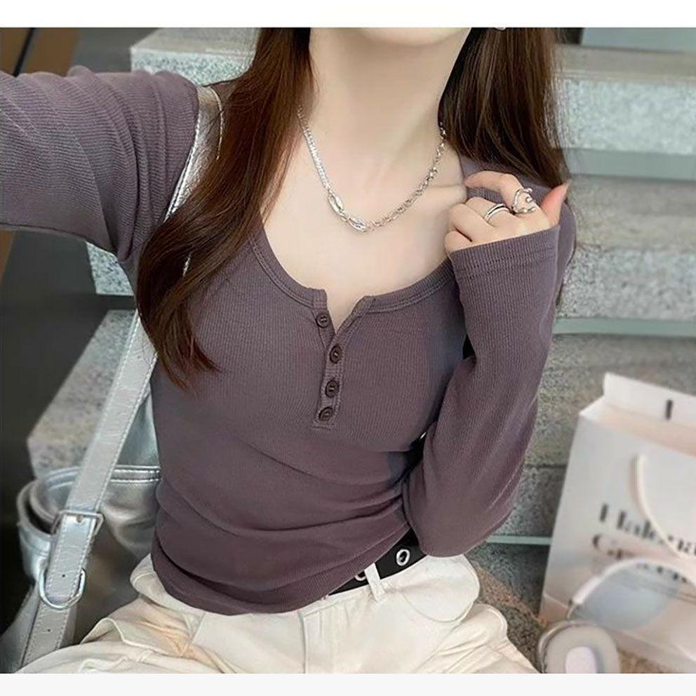 American-Style Button-Down Half-Open Collar Long-Sleeve Slim Fit Korean Base Layer Top