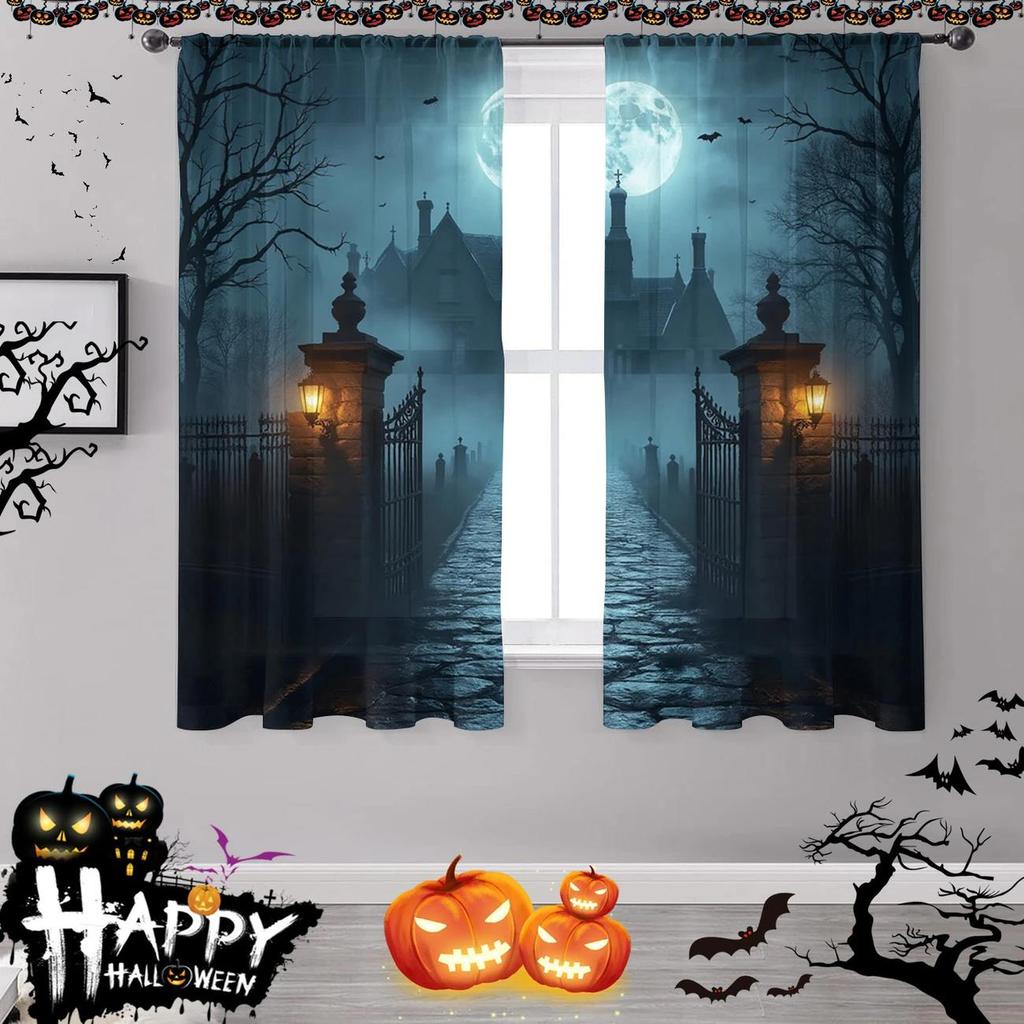 S Halloween Gothicstyle Castle Night Scene Printed Curtains, Pole Bag Home Decorations, Room Decorations