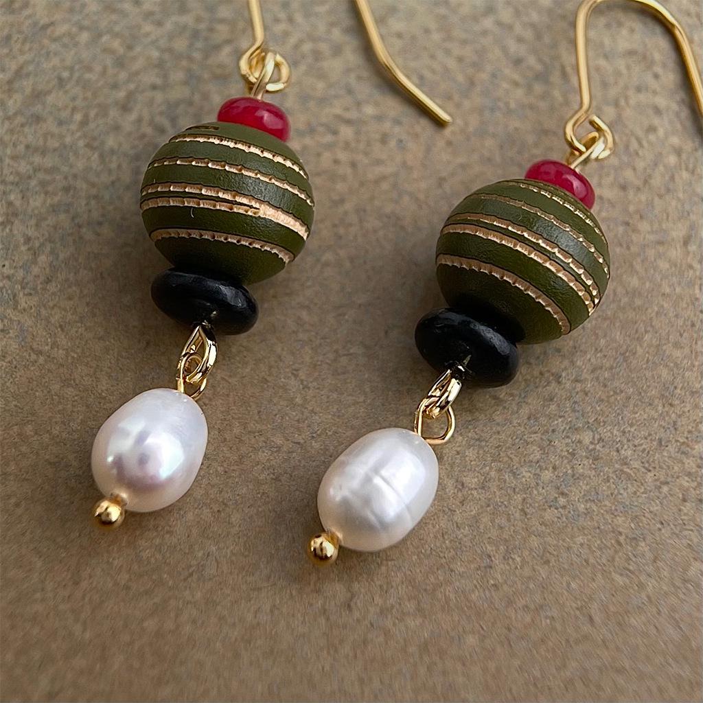 Handmade Wooden Freshwater Pearl Beaded Earrings - Retro Ethnic Hanfu Style