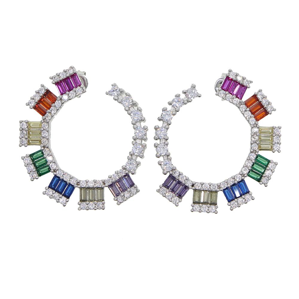 Promotion Big C Moon Type Colorful CZ Jewelry Geometric Round Circle Hoop Gorgeous Rainbow CZ Earring for Women