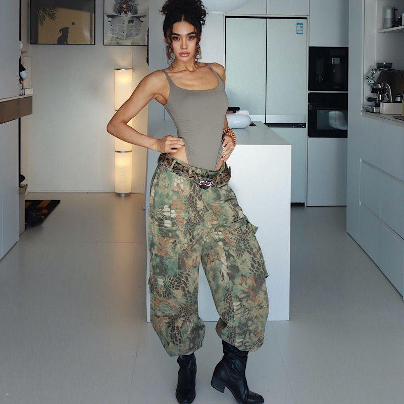 [Western Style] Gyaru Crocodile Color Overalls Women High Waist Slimming Straight Wide Leg Casual Pants