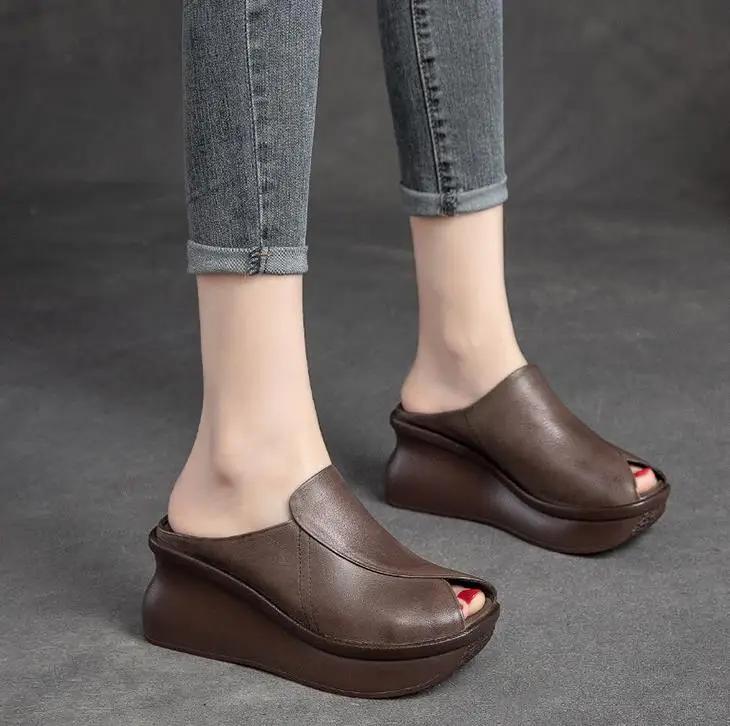 Fashion 7CM Wedges Heel Slippers Women Summer Slip On Fish Mouth Cow Genuine Leather Slippers Height Increasing Platform Casual Slides