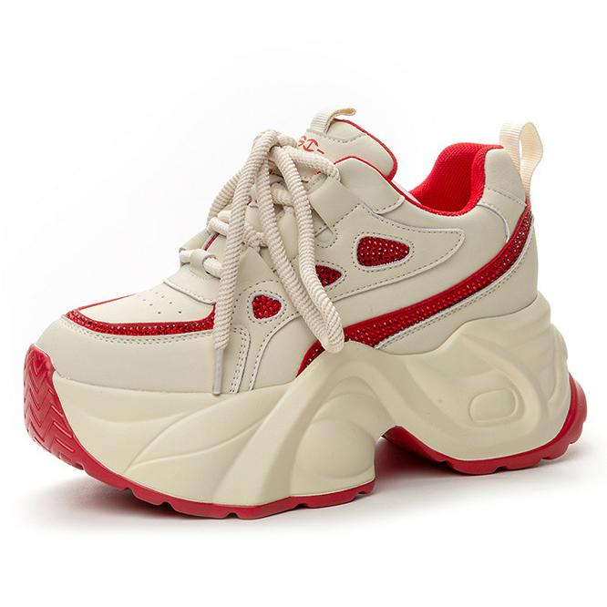 

Модные 8 см кроссовки на массивной подошве из натуральной кожи со стразами, 2024, новая весна-лето-осень, дышащие, на платформе, клиновидные, женская модная обувь 39 красный