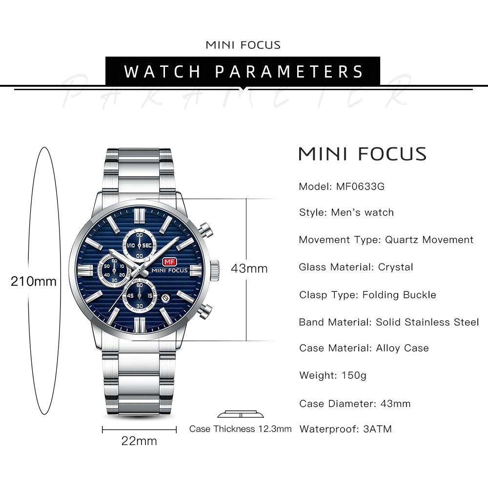 Luxury Men Quartz Watch Chronograph 24H Display Calendar Date Luminous Pointer Stainless Steel Strap Wristwatch