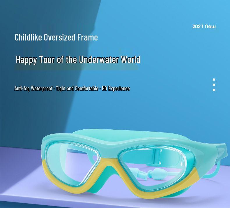 Kids' Waterproof & Anti-Fog HD Swim Goggles with Earplugs - Stylish Unisex Large Frame Diving Goggles