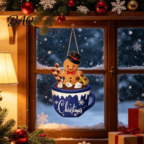 Wall Hanging Festive Ornament Christmas Wooden Sign, Cute Gingerbread Man Hot Cocoa Mug Welcome Door Xmas Holiday Home Decor Hanger for Indoor Outdoor