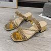 Fashion Fashion Golden Shiny Crystals Sandals Women Luxury Thick Heel Party Shoes Woman Summer Woven Strap High Heeled Sandles Female