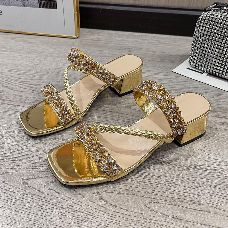 Fashion Fashion Golden Shiny Crystals Sandals Women Luxury Thick Heel Party Shoes Woman Summer Woven Strap High Heeled Sandles Female