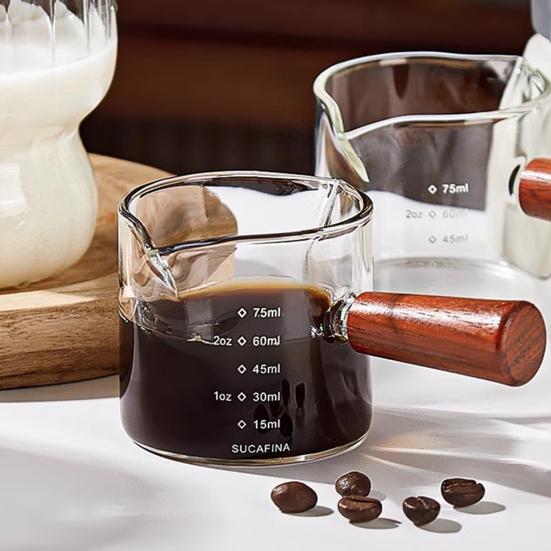 Coffee Milk Pitcher with Wooden Handle Mini Glass Creamer Cup for Espresso Small Sauce Dipping Bowl Measuring Scale Condiment Dish