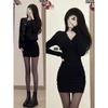 Black silk matching skirt stepmother hip skirt black long-sleeved dress female sexy spice girl little mother skirt